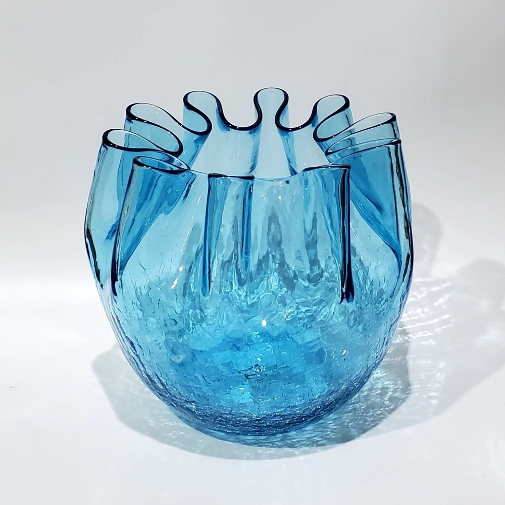 Large 7" Turquoise Crackle Glass Pinched Rim Rosebowl Vase Pilgrim Glass